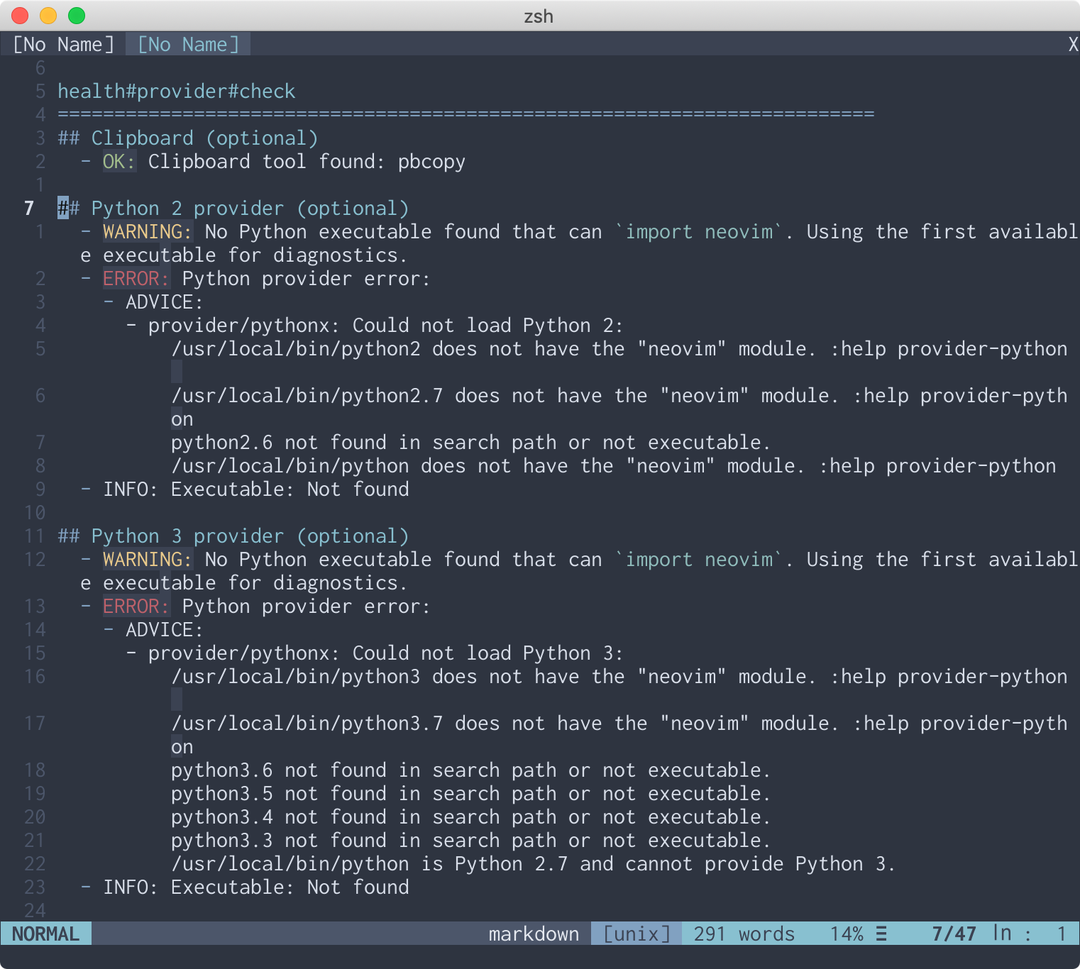 screenshot of neovim showing mixed health check results